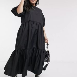 ASOS DESIGN Curve tiered cotton poplin smock midi dress in black